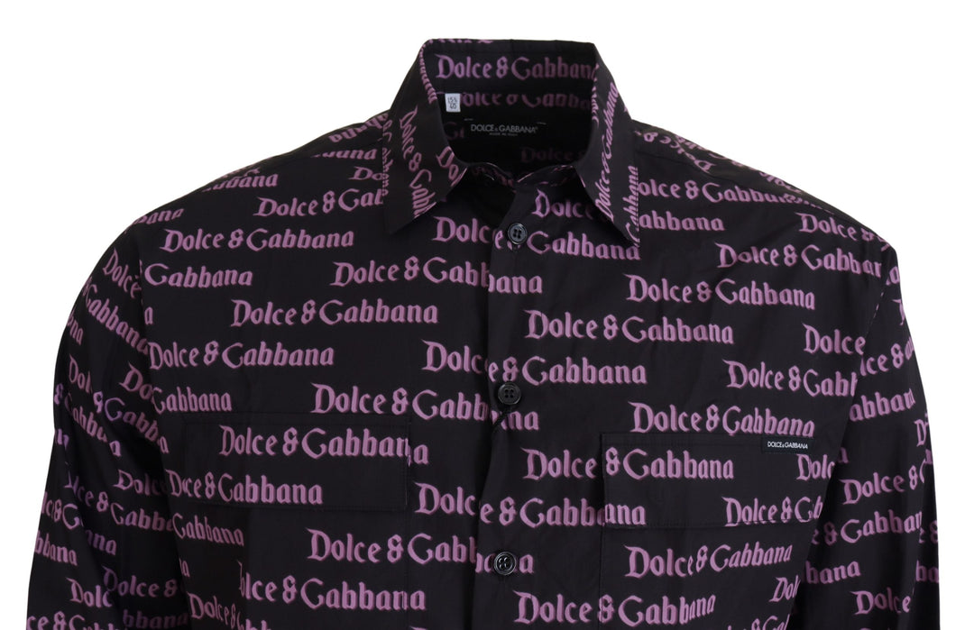 Men’s Dolce &amp; Gabbana Black Purple Logo Slim Dress Formal Shirt