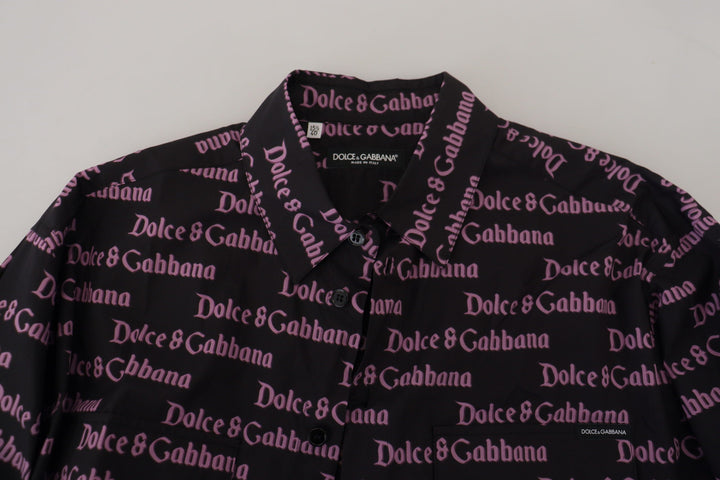 Men’s Dolce &amp; Gabbana Black Purple Logo Slim Dress Formal Shirt
