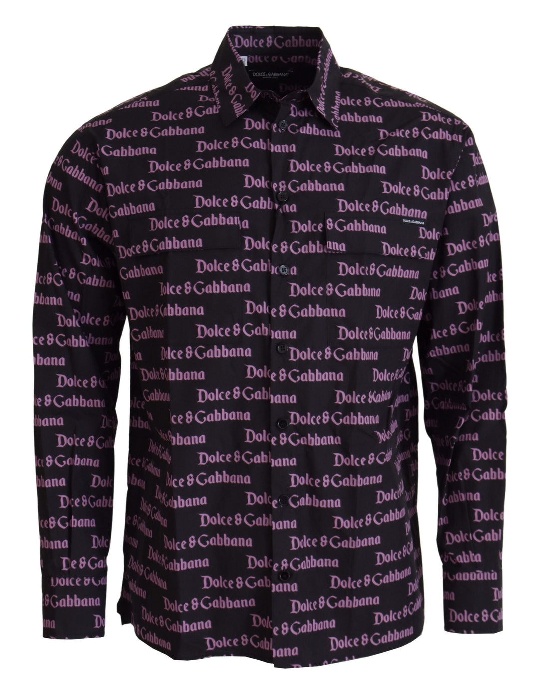 Dolce &amp; Gabbana Black Purple Logo Slim Dress Formal Shirt