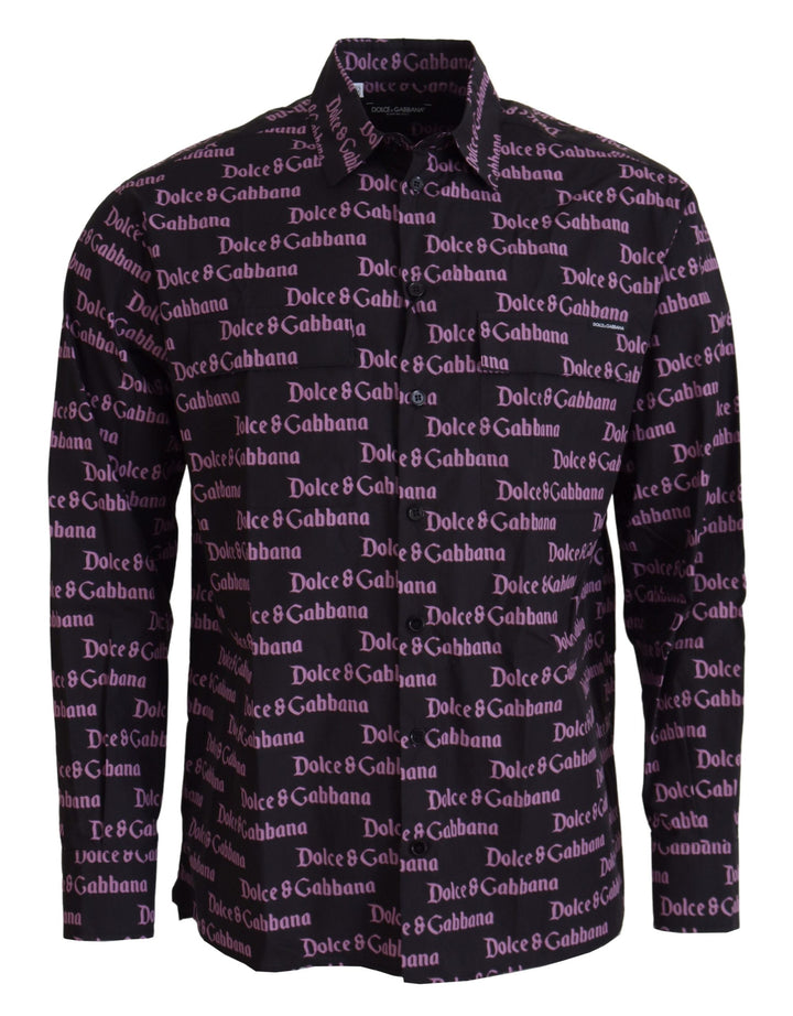Dolce &amp; Gabbana Black Purple Logo Slim Dress Formal Shirt