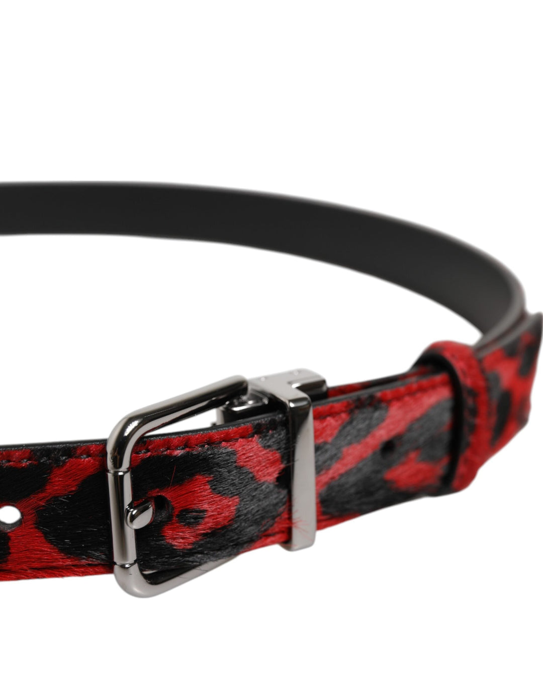Dolce &amp; Gabbana Black Red Leopard Silver Metal Buckle Belt