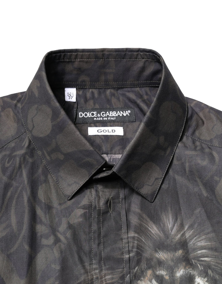 Dolce &amp; Gabbana Black Royal Pet Portrait Gold Dress Shirt