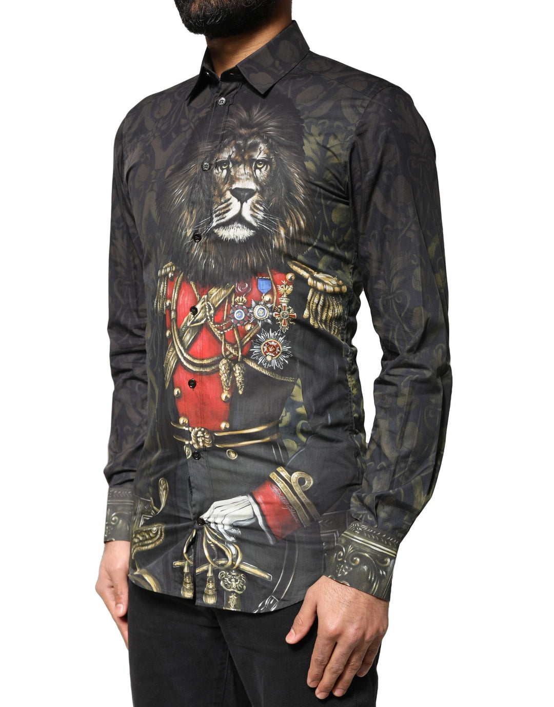 Dolce &amp; Gabbana Black Royal Pet Portrait Gold Dress Shirt