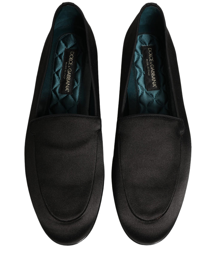 Men’s Dolce &amp; Gabbana Black Satin Logo Slip on Flats Loafers Shoes