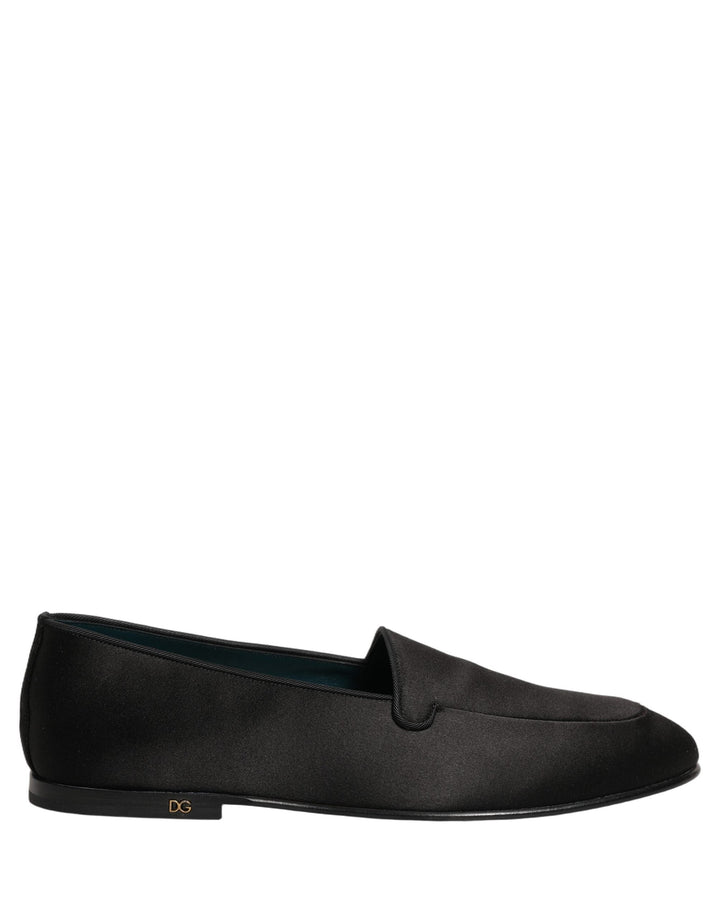 Men’s Dolce &amp; Gabbana Black Satin Logo Slip on Flats Loafers Shoes