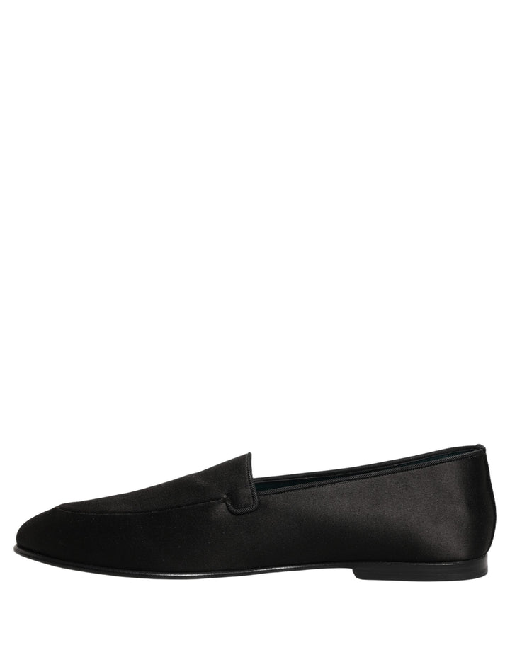 Men’s Dolce &amp; Gabbana Black Satin Logo Slip on Flats Loafers Shoes