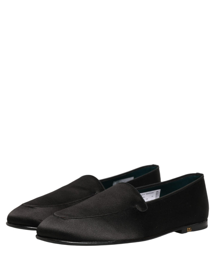 Men’s Dolce &amp; Gabbana Black Satin Logo Slip on Flats Loafers Shoes