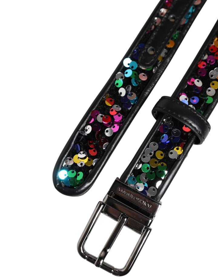 Dolce &amp; Gabbana Black Sequin Embellished Metal Buckle Belt