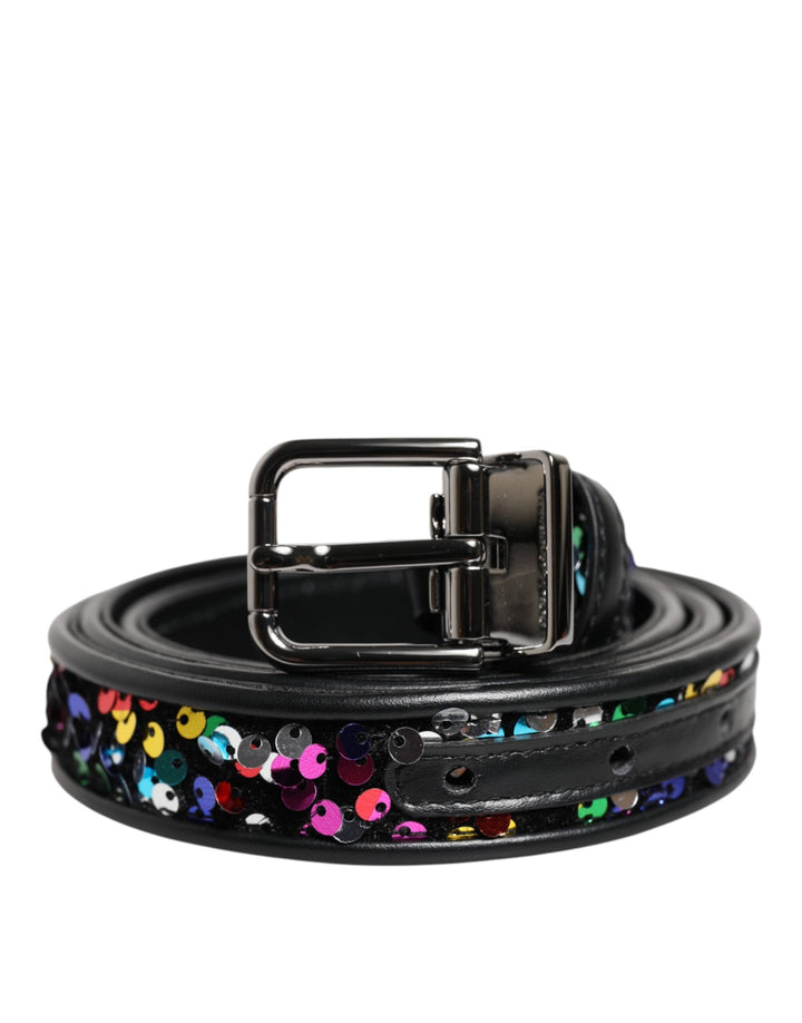Dolce &amp; Gabbana Black Sequin Embellished Metal Buckle Belt