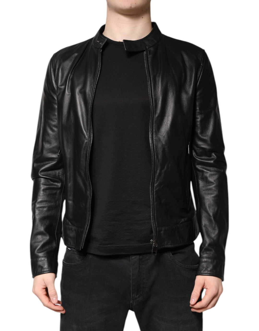 Men’s Dolce &amp; Gabbana Black Sheep Leather Biker Full Zip Jacket