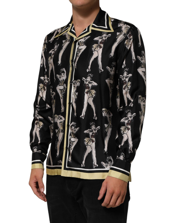 Dolce &amp; Gabbana Black Silk Pin Up Printed Button Down Shirt