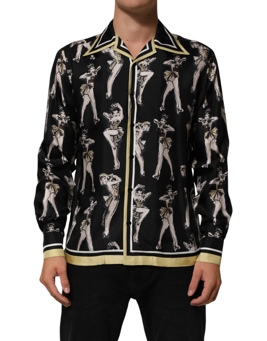 Dolce &amp; Gabbana Black Silk Pin Up Printed Button Down Shirt