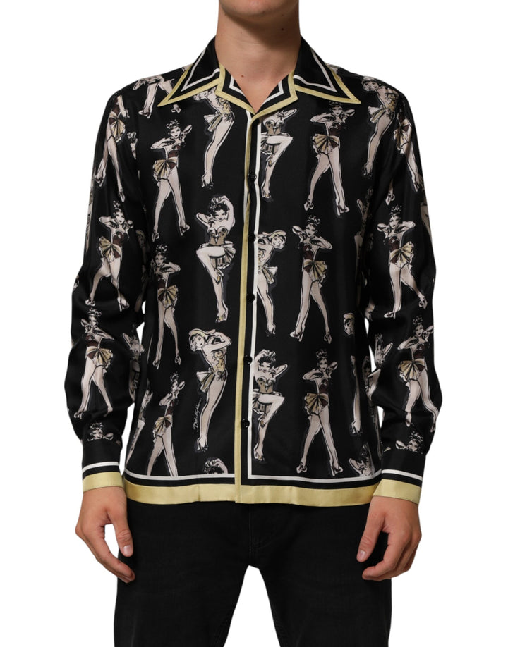 Dolce &amp; Gabbana Black Silk Pin Up Printed Button Down Shirt