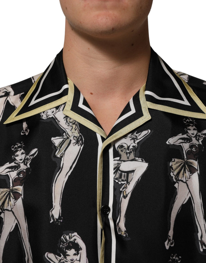 Dolce &amp; Gabbana Black Silk Pin Up Printed Button Down Shirt