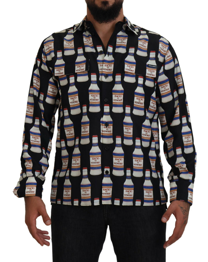 Dolce &amp; Gabbana Black Silk Printed Collared Men Casual Shirt