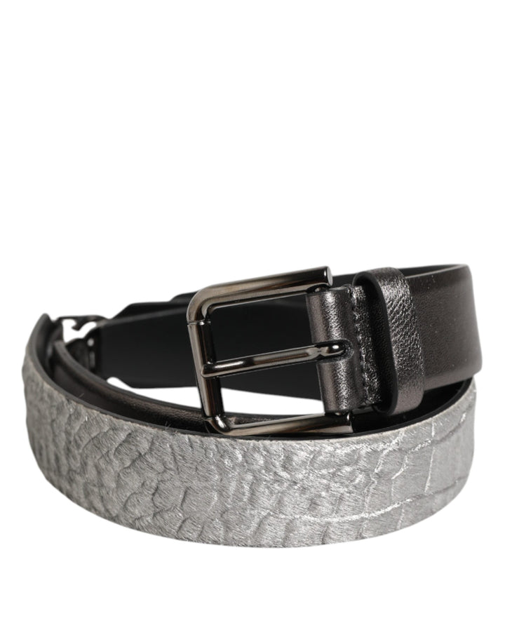 Dolce &amp; Gabbana Black Silver Pebbled Texture Leather Buckle Men Belt