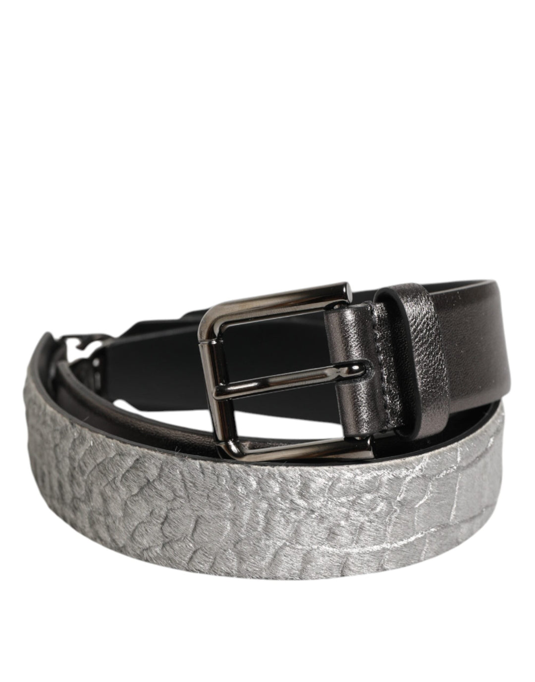 Dolce &amp; Gabbana Black Silver Pebbled Texture Leather Buckle Men Belt