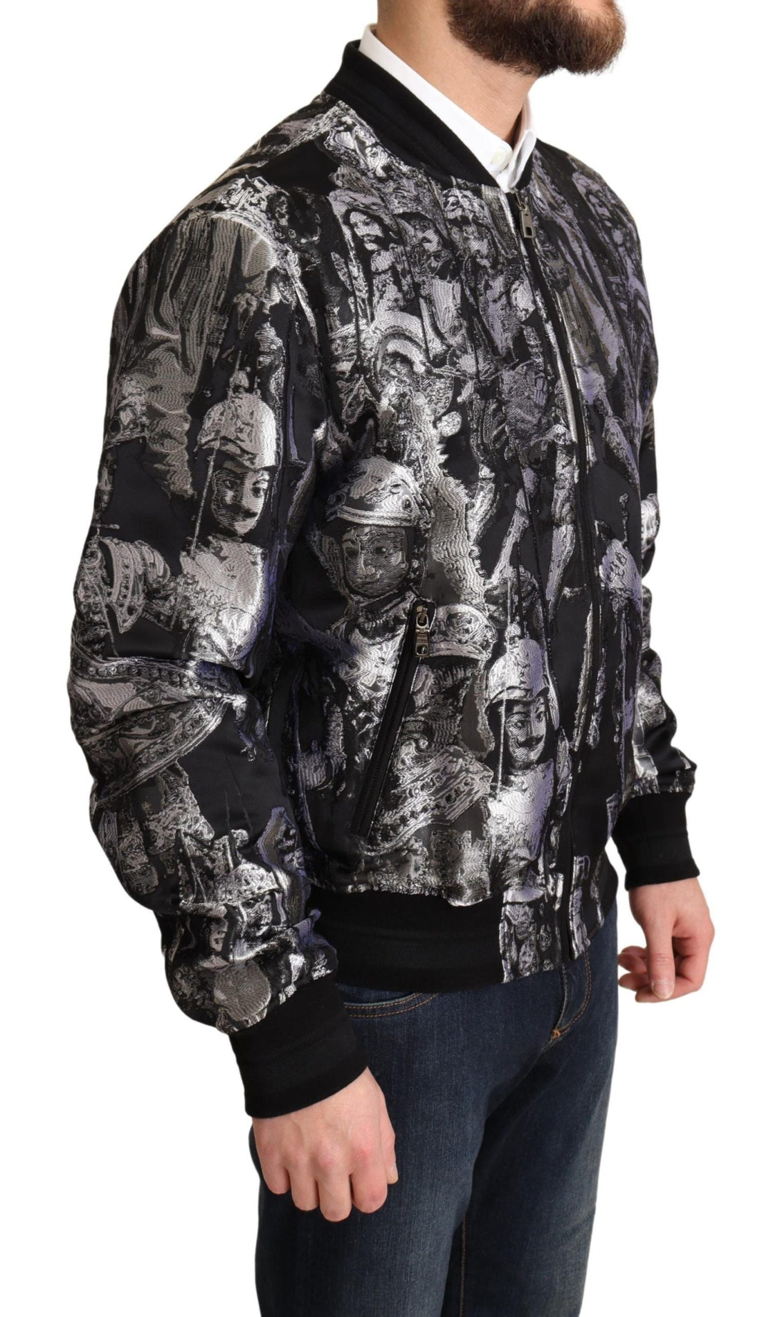 Men’s Dolce &amp; Gabbana Black Silver Puppi Motive Bomber Jacket