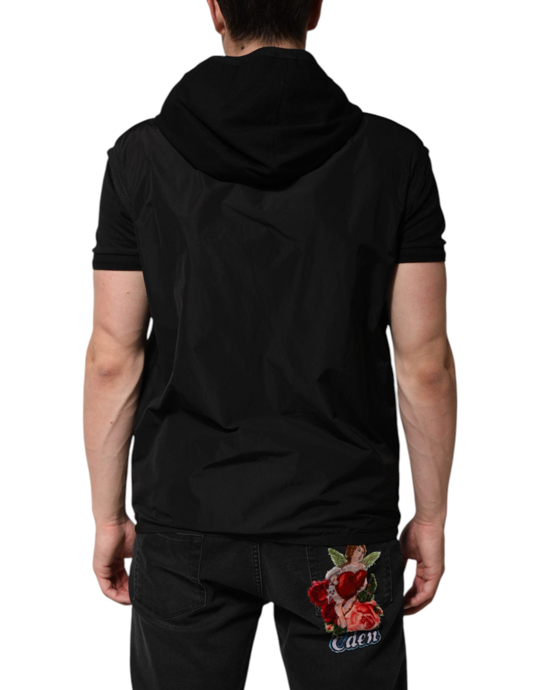Men’s Dolce &amp; Gabbana Black Sleeveless Hooded Logo Plaque Jacket