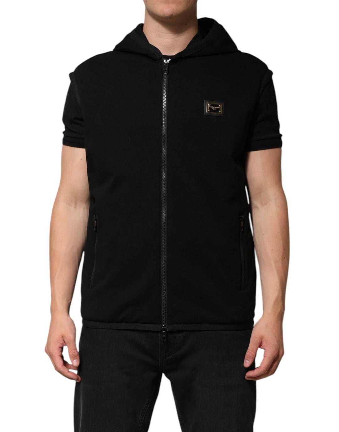 Men’s Dolce &amp; Gabbana Black Sleeveless Hooded Logo Plaque Jacket