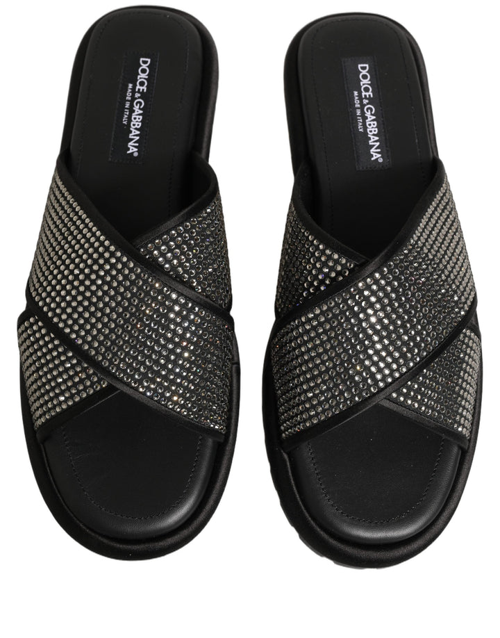 Men’s Dolce &amp; Gabbana Black Strass Criss Cross Slide Sandals Shoes