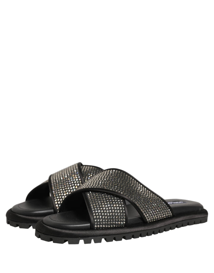 Men’s Dolce &amp; Gabbana Black Strass Criss Cross Slide Sandals Shoes