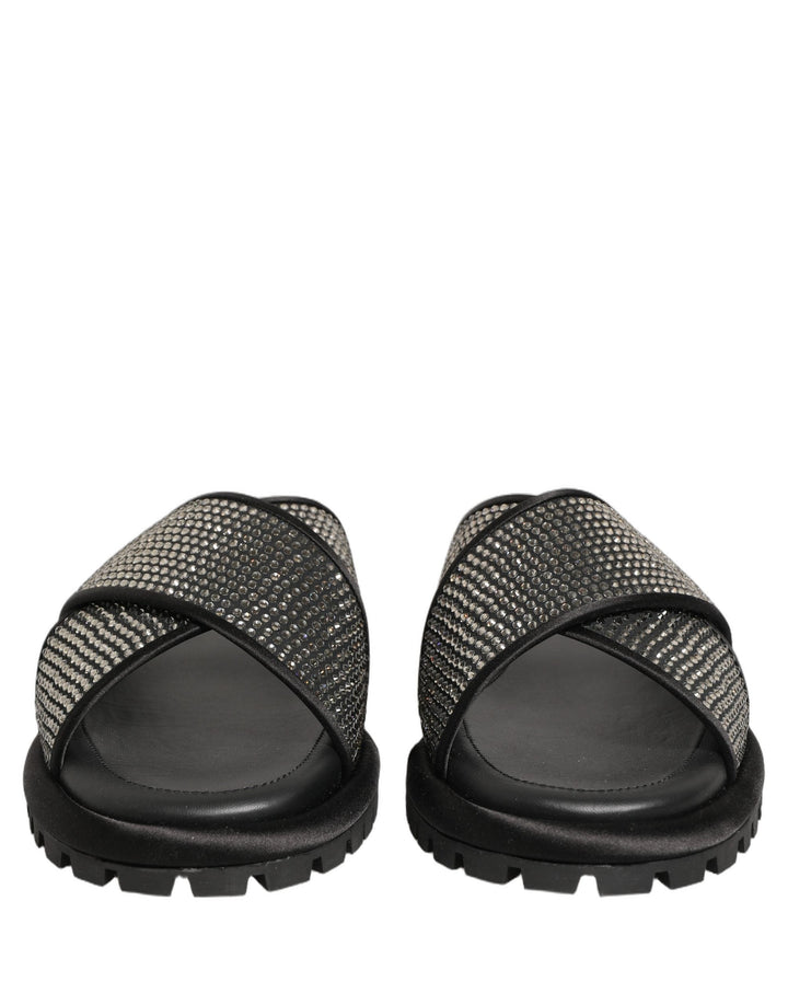 Men’s Dolce &amp; Gabbana Black Strass Criss Cross Slide Sandals Shoes