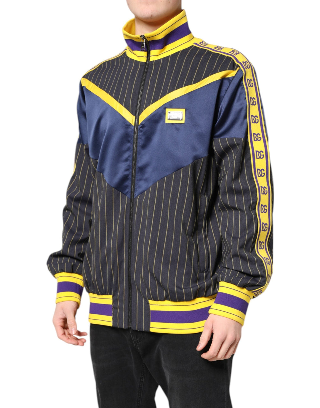 Men’s Dolce &amp; Gabbana Black Striped Logo Full Zip Bomber Jacket
