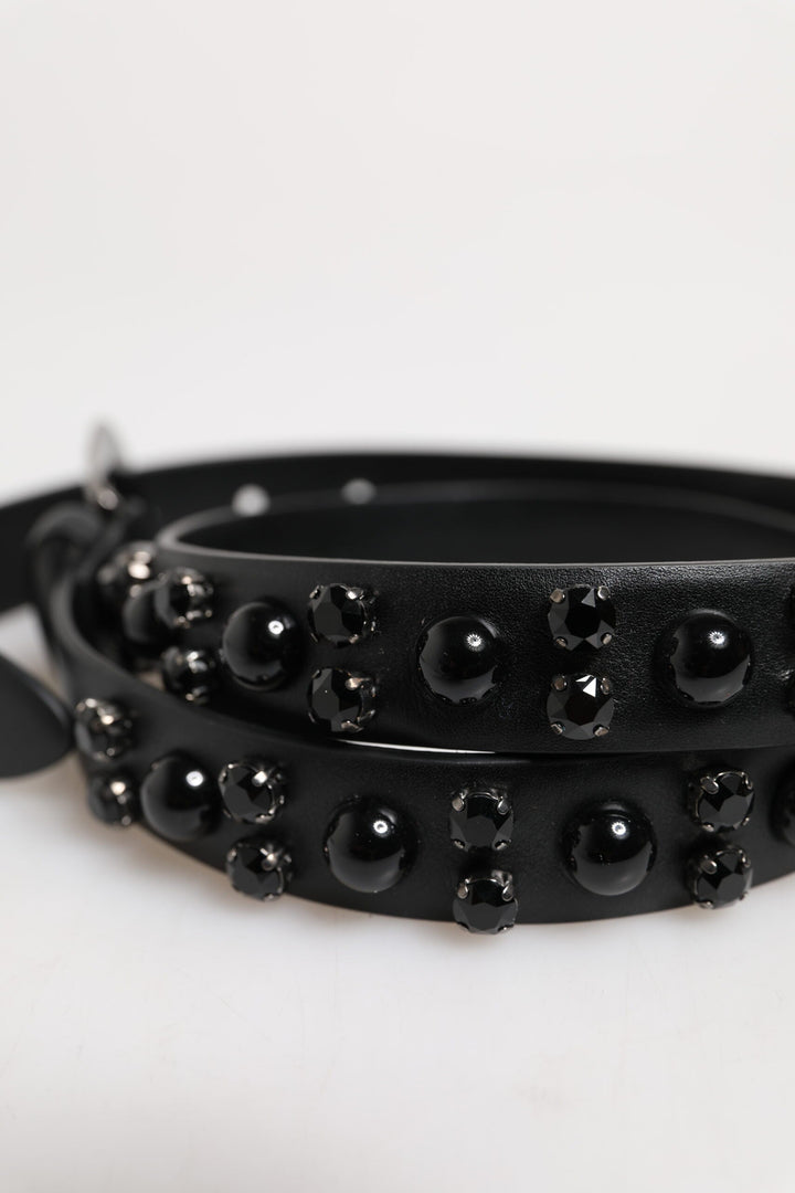 Dolce &amp; Gabbana Black Studded Leather Metal Logo Buckle Belt