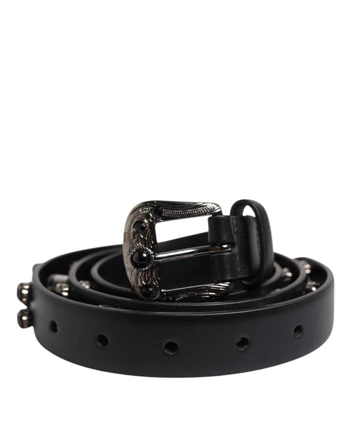 Dolce &amp; Gabbana Black Studded Leather Metal Logo Buckle Belt