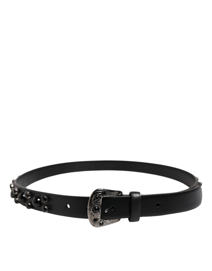 Dolce &amp; Gabbana Black Studded Leather Metal Logo Buckle Belt