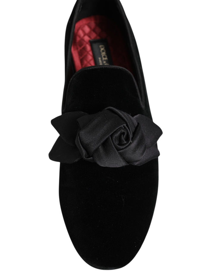 Men’s Dolce &amp; Gabbana Black Suede Cotton Rose Slip on Loafers Shoes