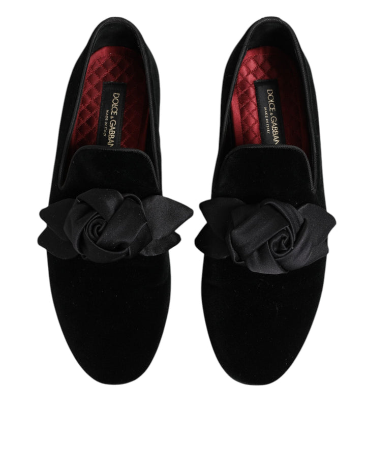 Men’s Dolce &amp; Gabbana Black Suede Cotton Rose Slip on Loafers Shoes