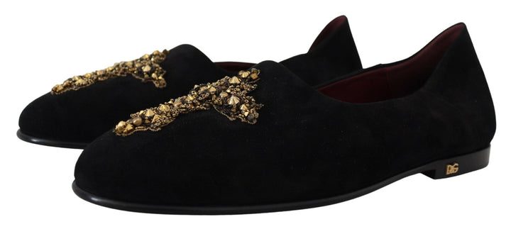 Men’s Dolce &amp; Gabbana Black Suede Gold Cross Slip on Loafers Shoes