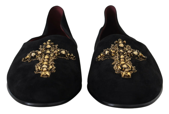 Men’s Dolce &amp; Gabbana Black Suede Gold Cross Slip on Loafers Shoes