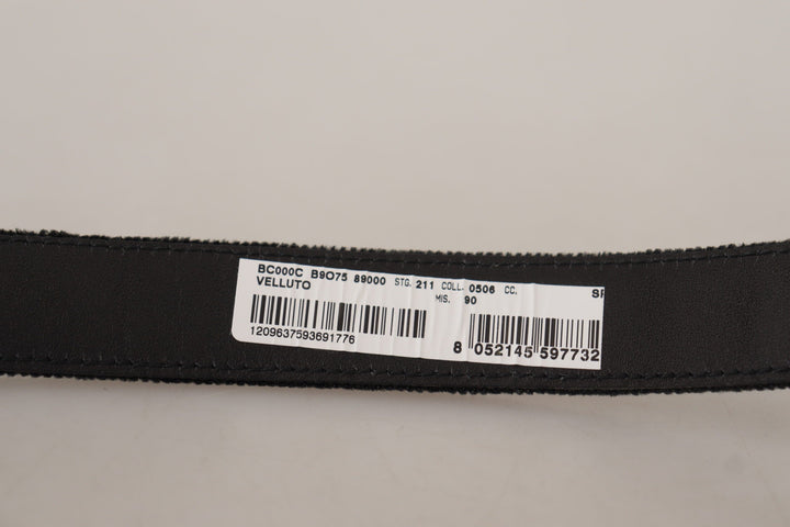 Dolce &amp; Gabbana Black Velvet Classic Logo Engraved Metal Belt