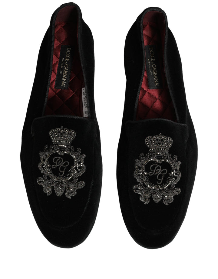 Men’s Dolce &amp; Gabbana Black Velvet Crown Embroidery Loafers Shoes