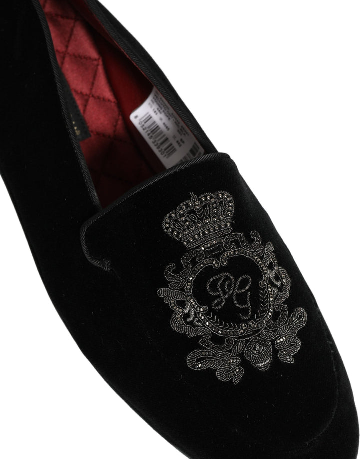 Men’s Dolce &amp; Gabbana Black Velvet Crown Embroidery Loafers Shoes