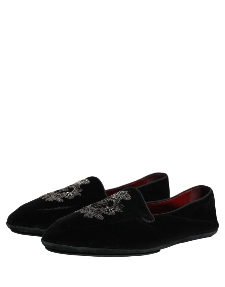 Men’s Dolce &amp; Gabbana Black Velvet Crown Embroidery Loafers Shoes
