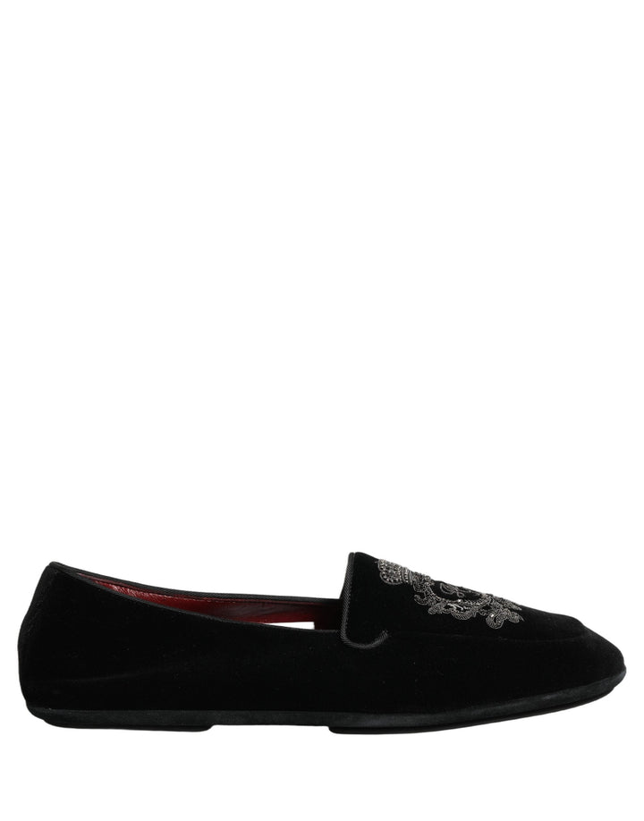 Men’s Dolce &amp; Gabbana Black Velvet Crown Embroidery Loafers Shoes