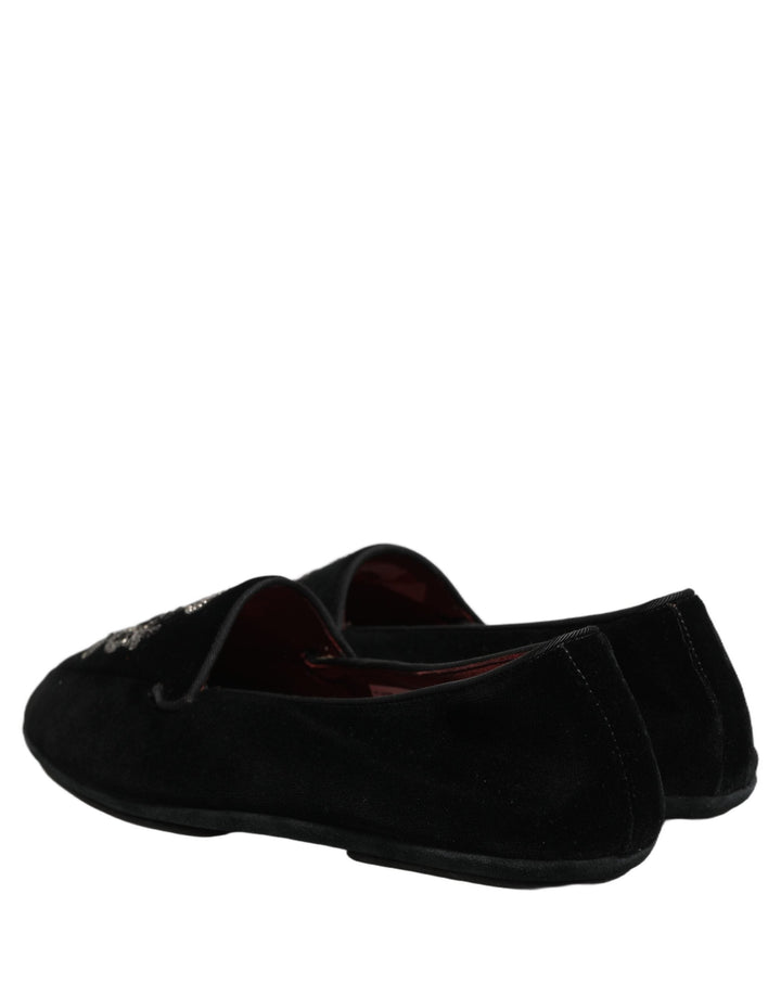 Men’s Dolce &amp; Gabbana Black Velvet Crown Embroidery Loafers Shoes