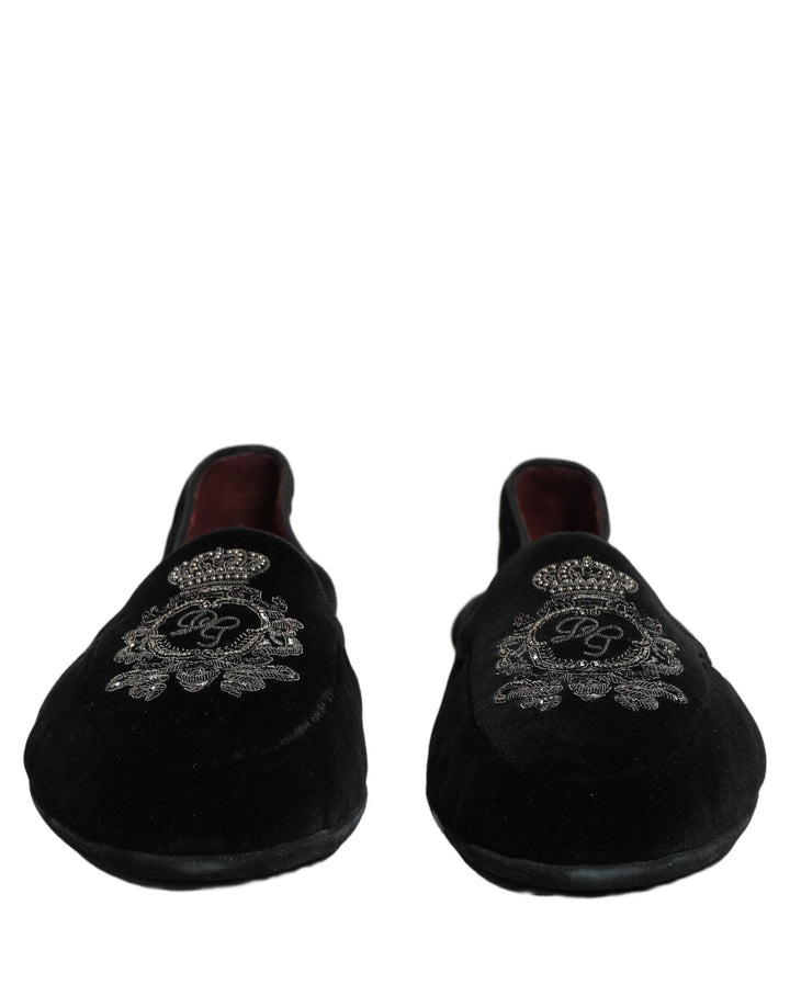 Men’s Dolce &amp; Gabbana Black Velvet Crown Embroidery Loafers Shoes