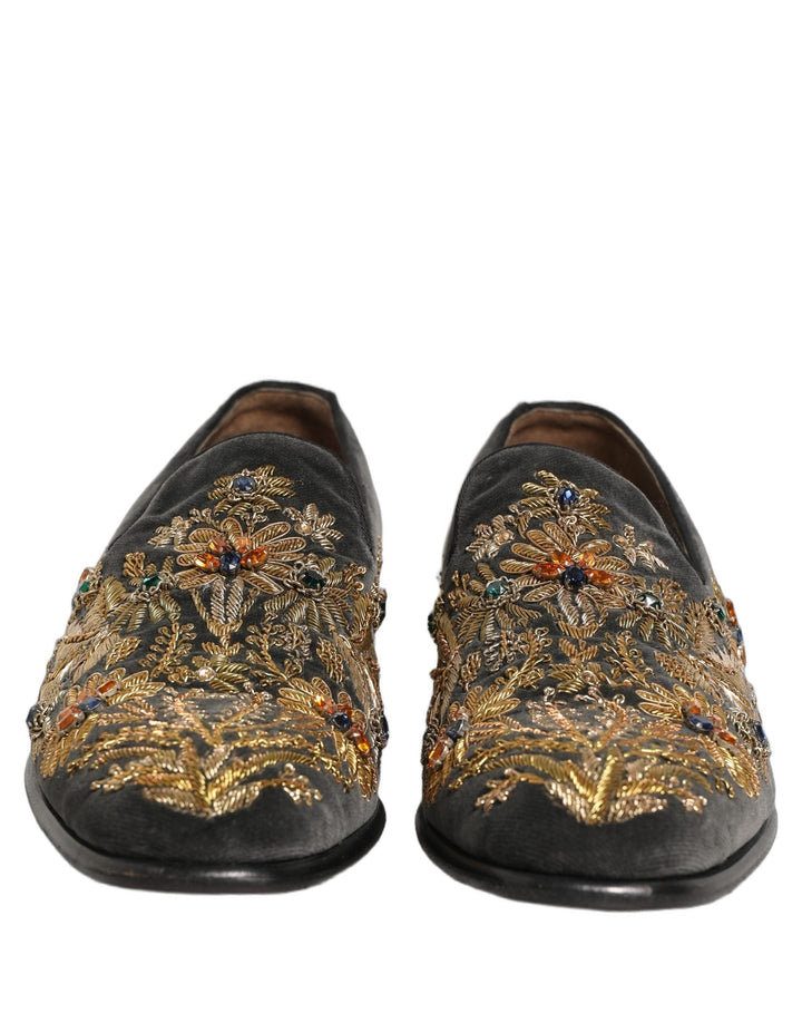Men’s Dolce &amp; Gabbana Black Velvet Embellished Dress Loafers Shoes