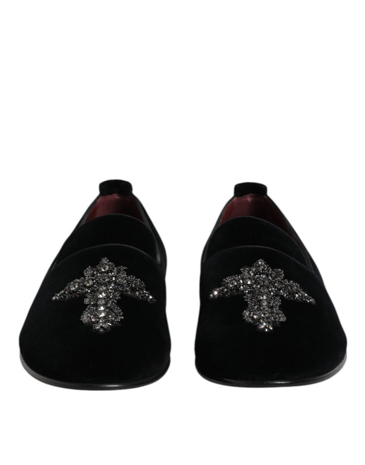 Men’s Dolce &amp; Gabbana Black Velvet Embellished Loafer Slip on Shoes