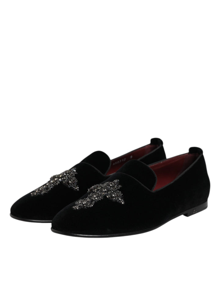 Men’s Dolce &amp; Gabbana Black Velvet Embellished Loafer Slip on Shoes
