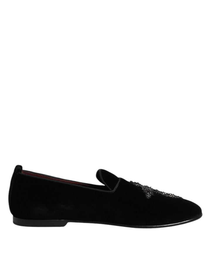 Men’s Dolce &amp; Gabbana Black Velvet Embellished Loafer Slip on Shoes