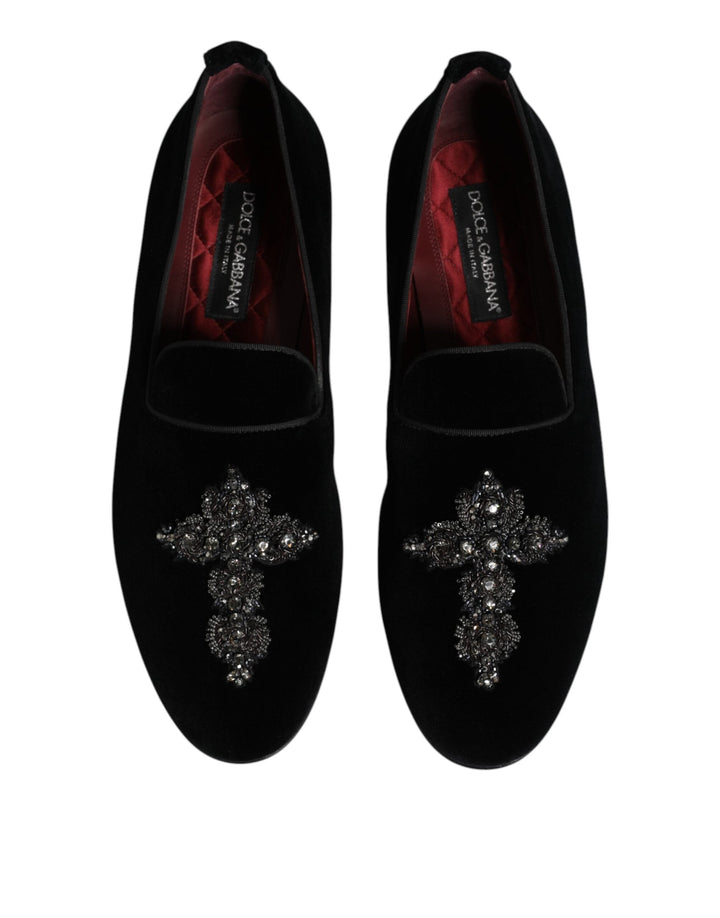 Men’s Dolce &amp; Gabbana Black Velvet Embellished Loafer Slip on Shoes