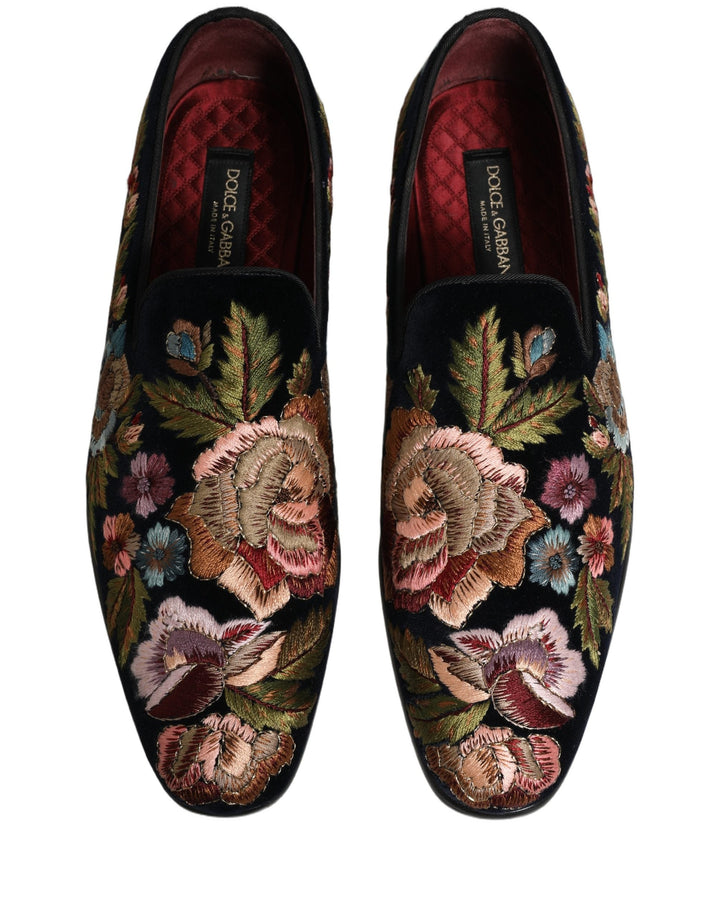 Men’s Dolce &amp; Gabbana Black Velvet Floral Embroidery Loafers Shoes