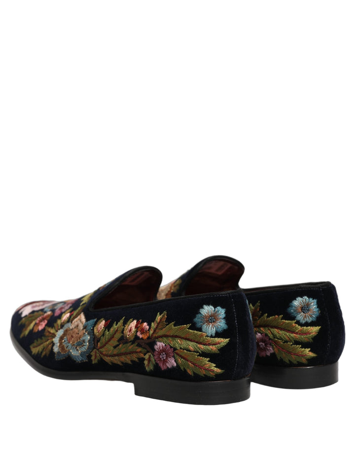 Men’s Dolce &amp; Gabbana Black Velvet Floral Embroidery Loafers Shoes