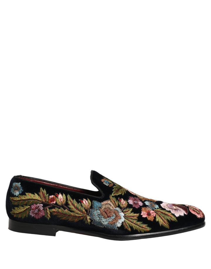 Men’s Dolce &amp; Gabbana Black Velvet Floral Embroidery Loafers Shoes
